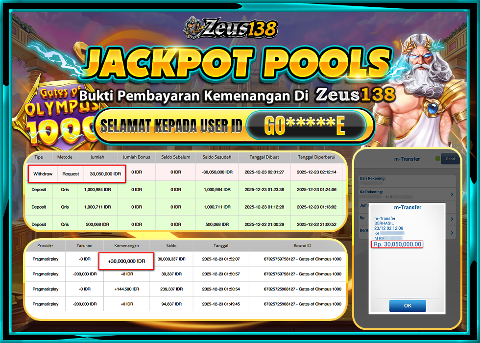 ZEUS138 GATES OF OLYMPUS 1000 Rp.30,050,000 LUNAS 